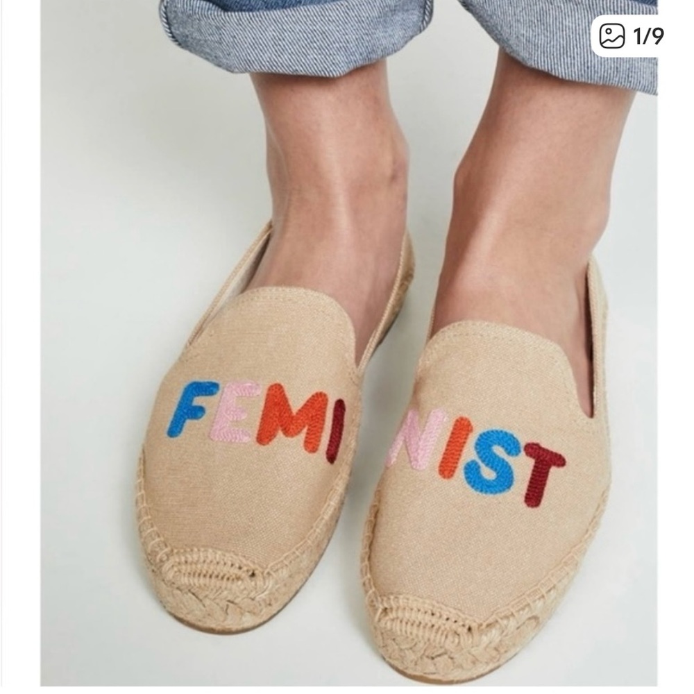 Soludos Women's Tan Espadrilles- Feminist embroidery- size 6.5